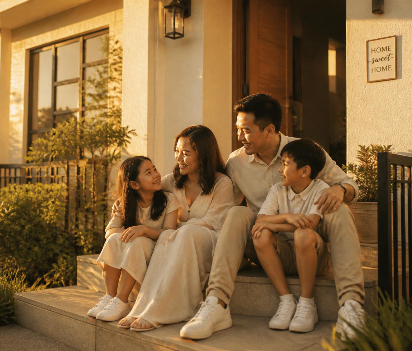 Family on the front steps of their new home