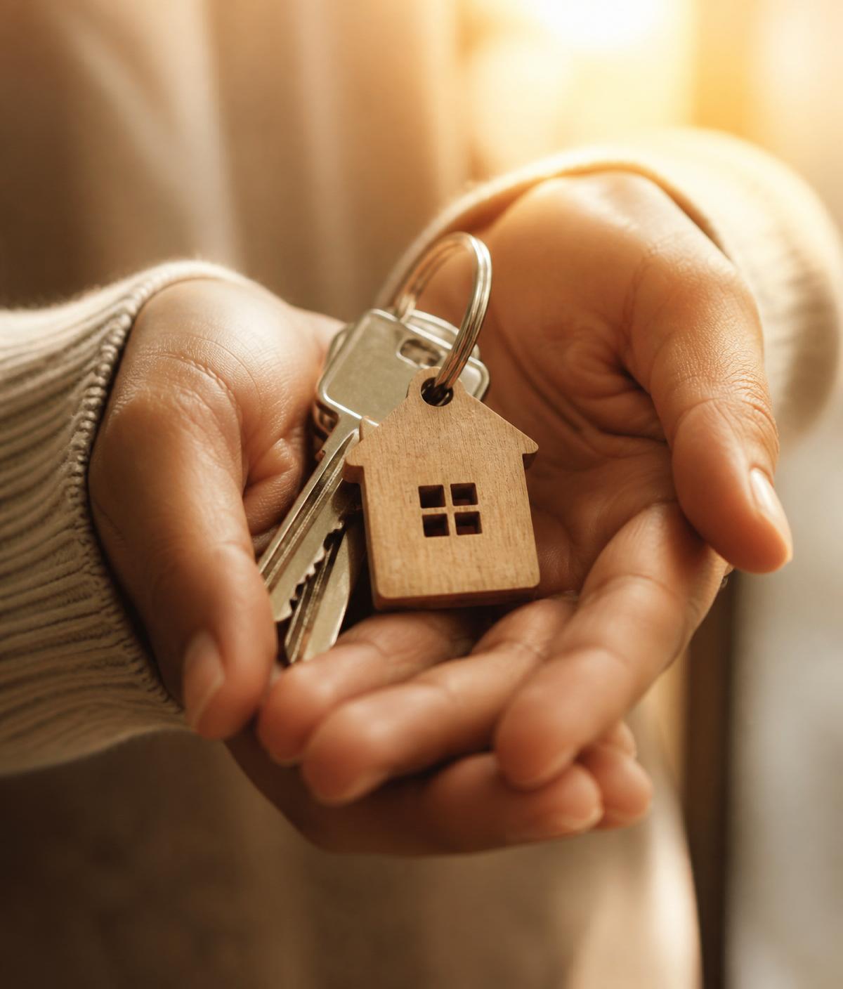 Hands holding house keys with a wooden home keychain